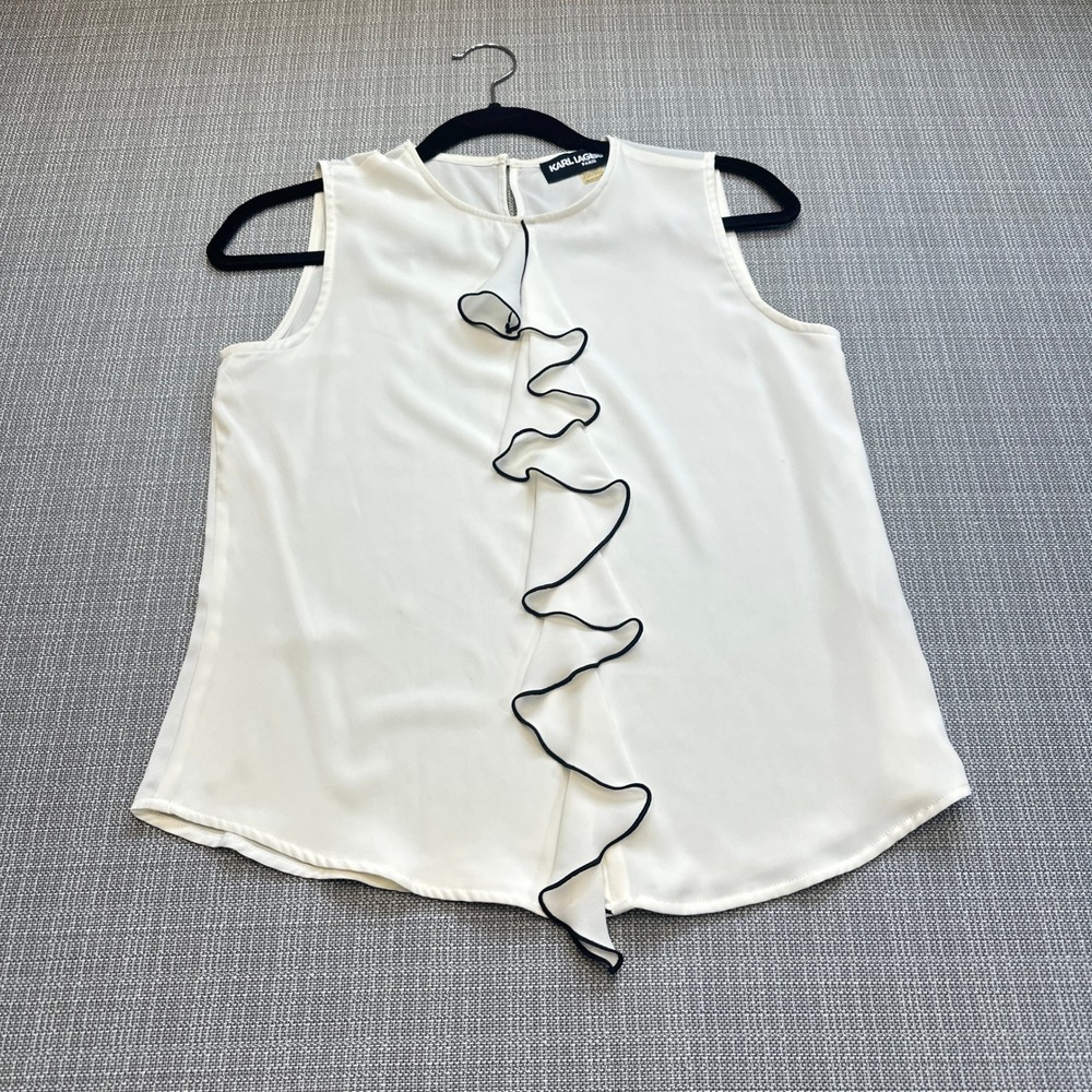Karl Lagerfeld Paris Ruffle Top XS Ivory Black Trim Elegant Chic Sleeveless